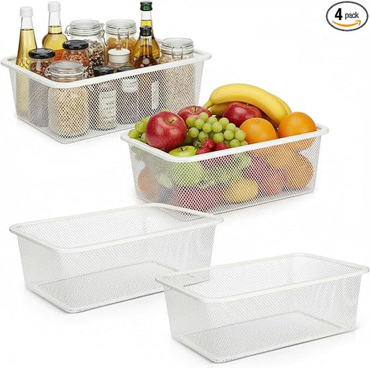 4 Pcs Metal Wire Basket Metal Mesh Basket Pantry Organizers Bin Containers for Home Organizing Cabinet Pantry Closet Kitchen Fridge Fruit Makeup Snacks Gifts(White,Small)