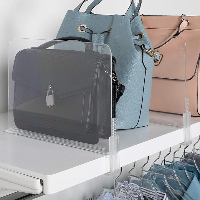 Richards Homewares Acrylic Shelf dividers 2 Pack- Closet Organizer and Storage for Purses, Sweaters, Clothes or Books - Clear Separators for Bedroom Kitchen Cabinets or Office Shelves