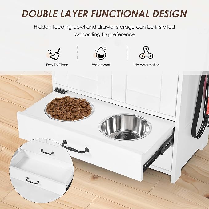 Pet Feeding Station with Storage Cabinet - Dog Food Organizer with Pull-Out Drawers, Adjustable Height Bowls & 3 Hooks - 23.6” Pet Storage Cabinet for Dogs & Cats