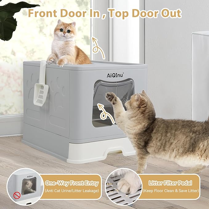 AiQInu Enclosed Cat Litter Box - Foldable Large Litter Box with Lid and Scoop High Sided Enclosure, Front Entry Top Exit, Odor Control, Anti Leakage No Smell, Easy Cleaning