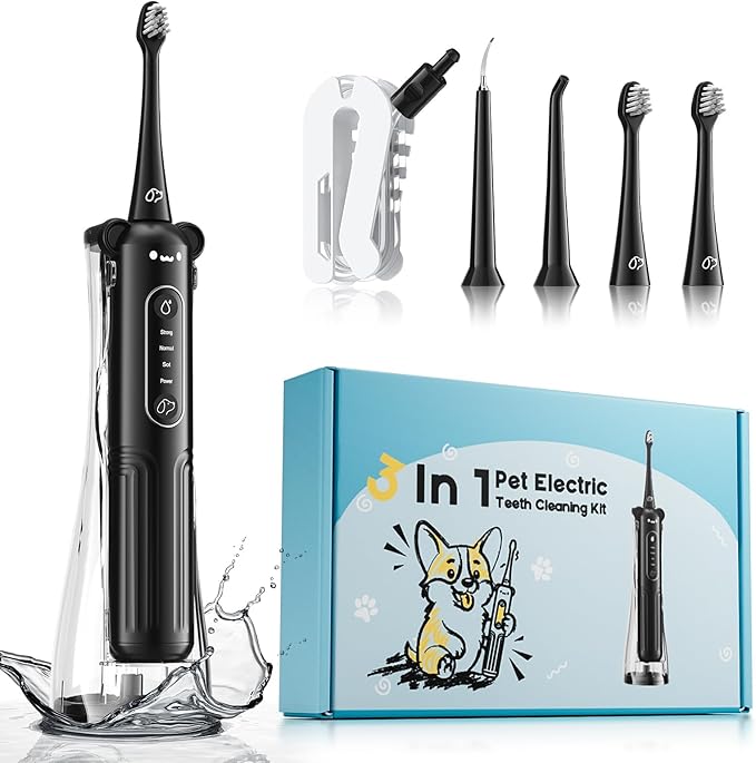 Dog Tooth Brushing Kit, 3-in-1 Dog Electric Toothbrush with Water Flosser, Dog Teeth Cleaning Tools with 3 Modes, Deep Cleaning Kit for Dogs and Cats, IPX7, 1100mAh Battery, Black
