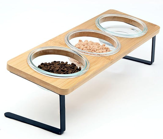 Elevated Cat Bowls, 15° Tilted Cat Food Bowl, Includes 3 Glass Bowls, Bamboo Board, and Metal Stand for Cats and Puppies