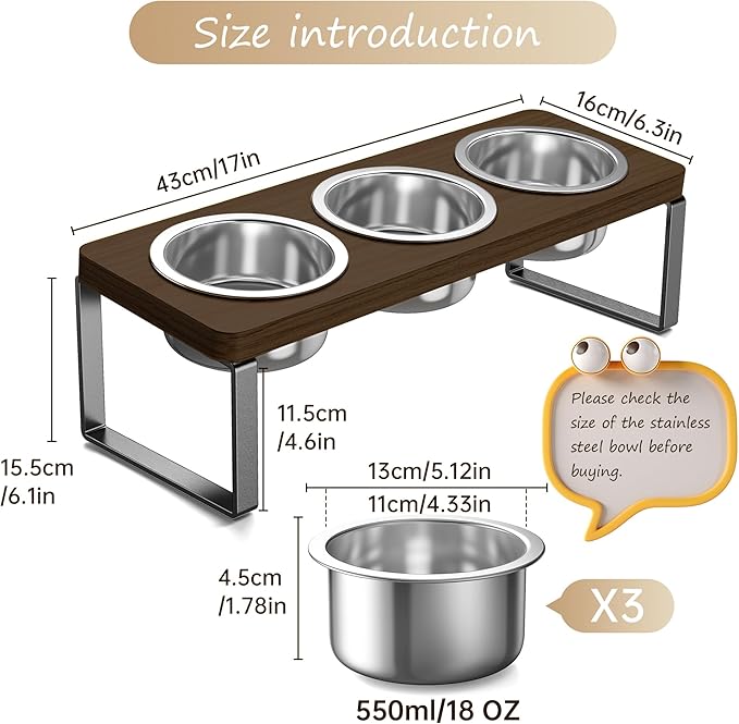 Elevated Cat Bowls with 3 Stainless Steel Bowls | 10° Tilted Anti-Vomiting Raised Cat Food Bowl for Small Cats and Puppies Pet Bowl with Stand（Walnut Color）
