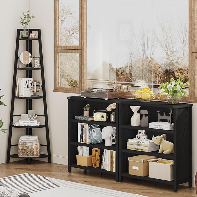 BON AUGURE Corner Ladder Shelf, 5-Tier Black Metal Wood Corner Bookshelf, Narrow Tall Bookcase Shelving Unit for Living Room, Home Office, Small Space (Black Oak)