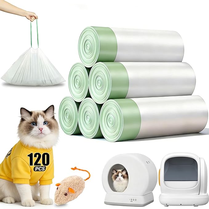 120 Count Self-Cleaning Cat Litter Box Liners Bags Fit For MW-SC01/SC02/SC09/LR01/LR02, Pre-Seperated Heavy Duty Automatic Cat Litetr Box Bags with Drawstring-18" * 12.6"