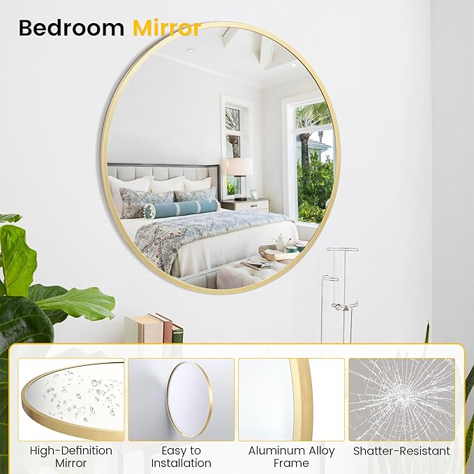 24 in Round Mirror for Wall, Gold Metal Frame Circle Mirror, Round Bathroom Mirror for Wall Decor, Mirror for Entryway, Vanity, Bedroom, Easy to Install