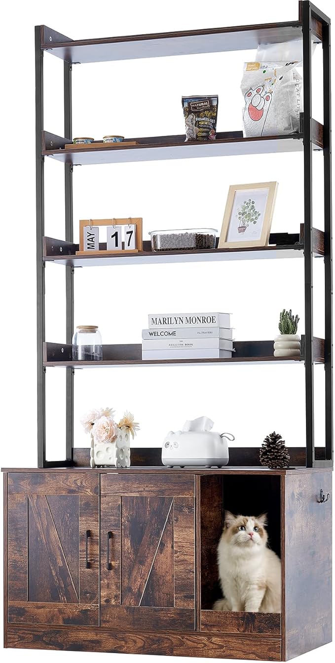 VEVOR Cat Litter Box Enclosure, Hidden Cat Box Furniture with 4 Storage Shelves, Large Cats House Cabinet Hidden Fit Most Litter Box, Wooden Cats Washroom Indoor, 33.5"L x 19.3"W x 72.3"H, Dark Brown