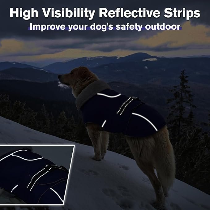 Lelepet Warm Dog Winter Coat Waterproof Dog Jacket with Adjustable Buckle & Leash Hole Reflective Pet Fleece Snowsuit Turtleneck Windproof Cold Weather Coats, Blue, XXXL