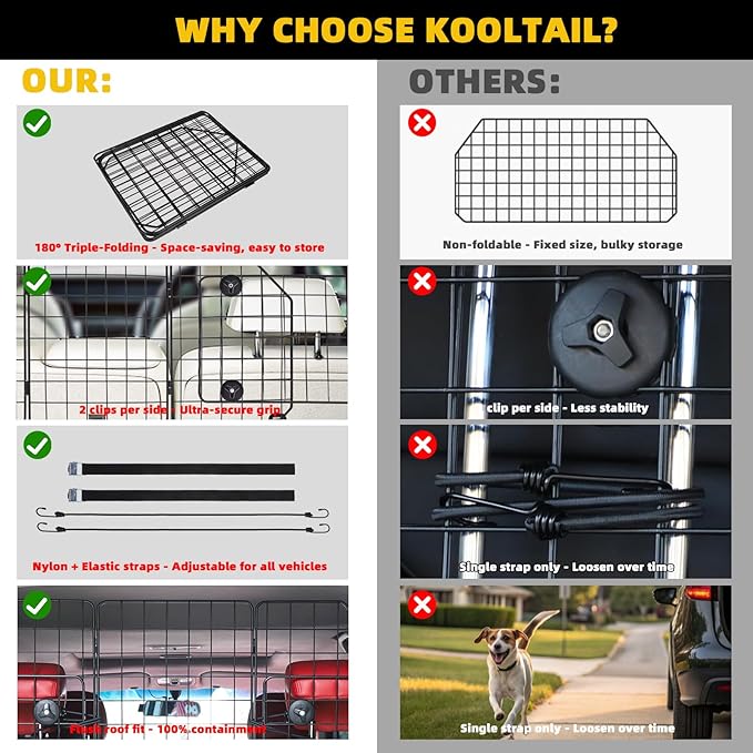 KOOLTAIL Dog Barrier for SUV & Truck, Adjustable & Foldable Dog Car Barrier 36.6"-60.6", Heavy-Duty Wire Mesh Car Divider, Universal Fit for Cars, Jeep, Hatchback, Triple Folding