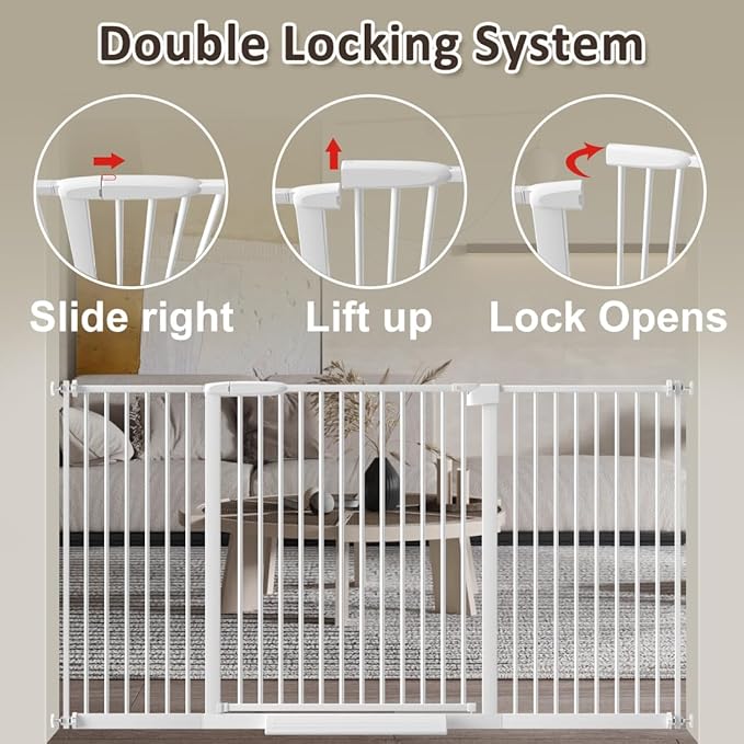 WAOWAO 1.37" Ultra Narrow Spacing Extra Wide Baby Gate 57.67-61.61" Pressure Mounted Walk Through Double Lock Swing Auto Close Safety White Metal Toddler Child Dog Pet for Indoor,Doorway,Kitchen