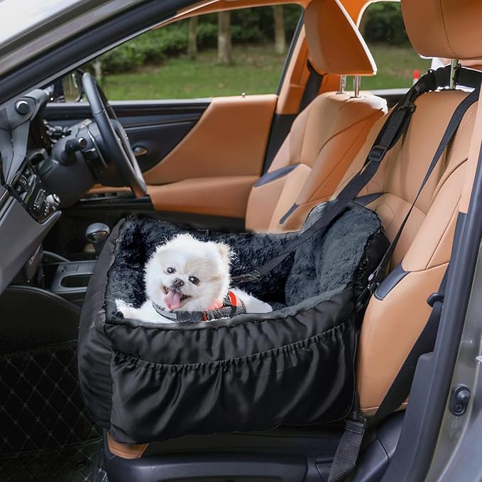 Dog Car Seat for Small Dogs,Washable Pet Booster Seats with Clip-On Safty Leash, Comfy Deluxe Plush Carseat with Storage Pockets, Puppy Car Travel Carrier Bed for Dogs Under 25 lbs, Black