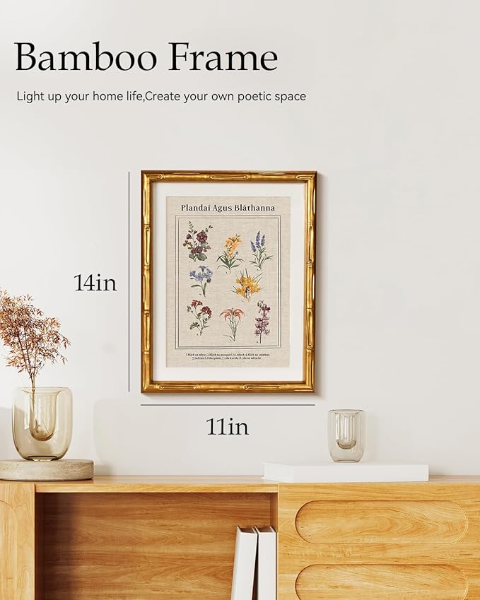 Vintage Botanical Wall Art Antique Style Plant Illustration 11x14, Gold Bamboo-Textured Framed Canvas Floral Print Acrylic Cover, Classic Natural History Artwork Room Bedroom Study Home Decor