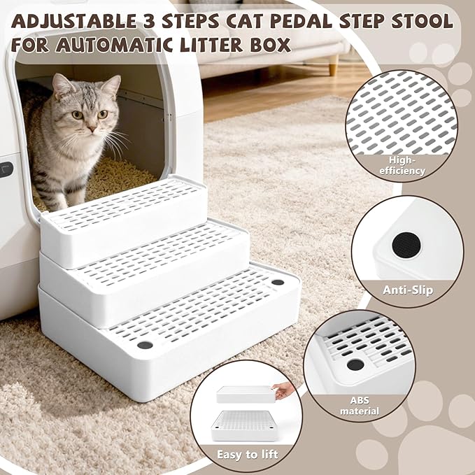 Adjustable 3 Steps Cat Ramp for Litter Box, Detachable Cat Pedal Step Stool with Filter Function, Double Layered Cats Litter Trapper, Suitable for Small&Elderly Cats, Non-Slip(White)