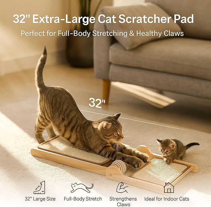 32" Foldable Sisal L Shaped Cat Scratch Pad with Ball Toy, Wooden Cat Scratching Post for Indoor Cats, 180° Angles Cat Scratcher for Indoor Cats, Durable Modern Cat Scratching Board