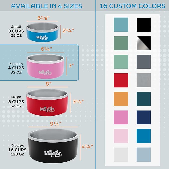 Master Pet Supply Stainless Steel Dog Bowls - 32 oz, Heavy Duty - Crimson Flame, Double Wall Extra-Thick Insulated, Non-Slip Pet Water Bowl for Dogs, Cats & Pets, Anti Rust Metal, Dish Washer Safe