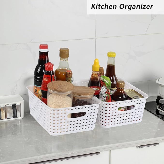 8 Packs Small Plastic Woven Basket, White Storage Baskets for organization
