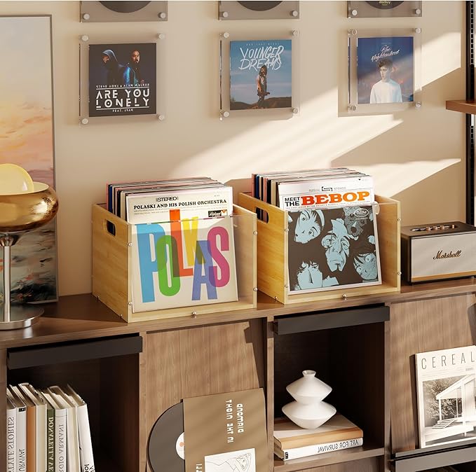 X-cosrack 2-Pack Vinyl Record Storage Box Crate, Visible Acrylic & Bamboo Vinyl Record Holder Crate with Handle, Cube CD Holder for LP Album Storage and Organizer, Easy to Assemble