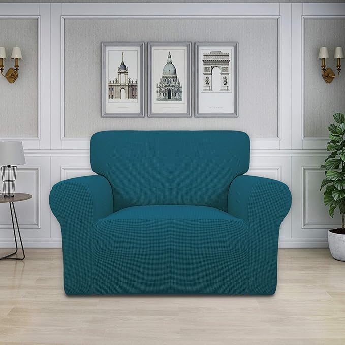 Easy-Going Stretch Oversized Chair Sofa Slipcover 1-Piece Couch Sofa Cover Furniture Protector Soft with Elastic Bottom for Kids Spandex Jacquard Fabric Small Checks Peacock Blue