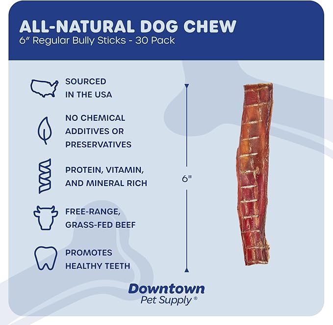 Downtown Pet Supply USA Sourced Bully Sticks for Dogs - Grass-fed Beef Chews, Low-Odor & Rawhide-Free, Long Lasting Dog Treats for Heavy Chewers - Healthy, Safe & Delicious Chews (6" 30 Pack)