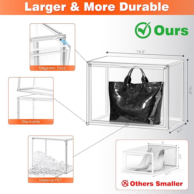 1 Pack Acrylic Boot Shoe Box Size 15, X-Large Purse Handbag Organizer for Closet Storage Bins with Magnetic Lid Clear Acrylic Box for Sneaker, Hat, Book, Cosmetic, Figures Display Case