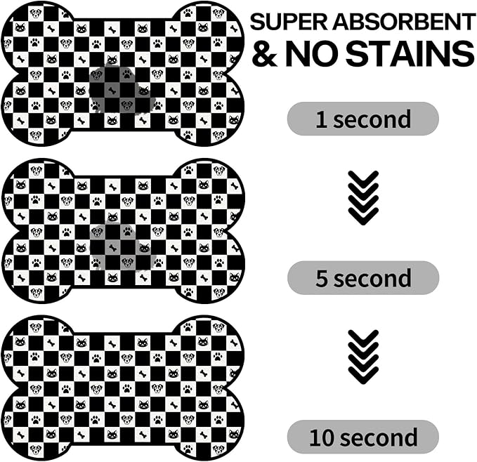 Pet Dog Cat Food Mat, Absorbent Bone Shaped Dog Bowl Mats for Food and Water, Non Slip Cute Footprint Dogs Cat Placemats Feeding Mat for Floors Puppy Pet Accessories Supplies 12"x20" Black White