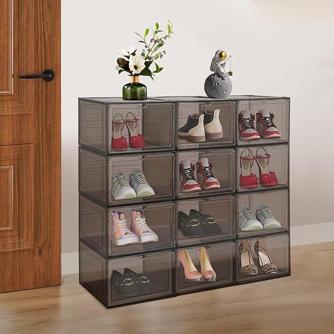 12 Pack Stackable Shoe Box,Semi-Transparent Plastic Sneaker Box,Free Standing Shoe Containers,Acrylic Shoe Display Case,Sneaker Storage,for Shoes,Clothes, Purses,13.39*10.63*8.66in (Black Brown)