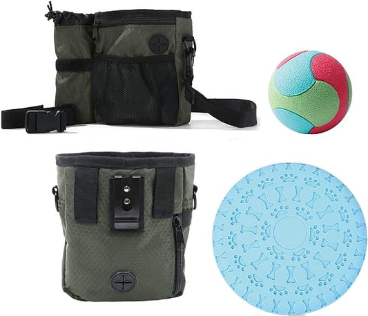 Dog Training Treat Pouch with Water Bottle Pouch – Includes Dual-purposeTraining Disc and Durable Chewable Bounce Ball,Features 3 Convenient Wearing Styles for Dog Walking,Outdoor and Training