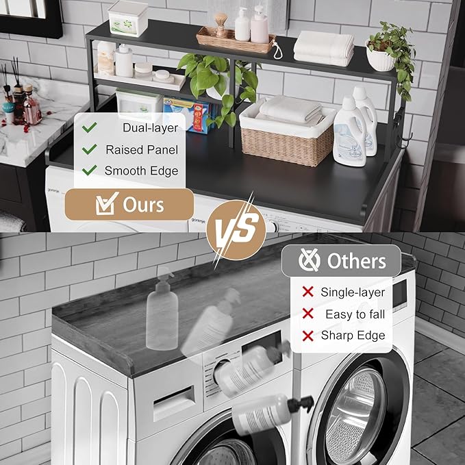 Washer and Dryer Countertop with Shelf, 2-Tier 54" x 27.5" Wood Laundry Countertop, Washer Dryer Topper with High Edge Rails and Hooks, Non-Slip Pads, Waterproof & Heat Resistant Top (Black)
