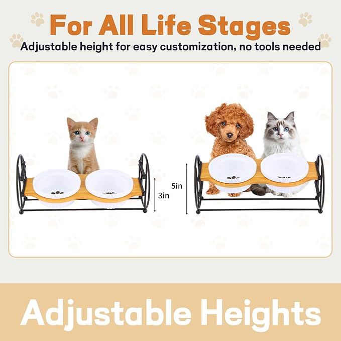 Elevated Adjustable Cat Bowl Set with 2 Dishes for Cats & Small Dogs - Anti-Vomiting,15° Tilted and Rasied Bowls with Non-Slip Design, Food-Grade Ceramic, Easy to Clean