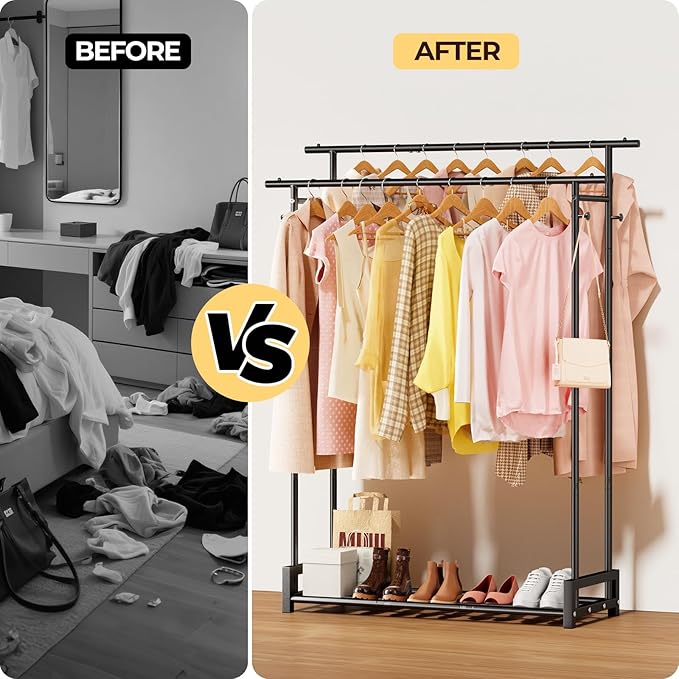 Clothes Rack for Hanging Cloth,Double Rods Metal Clothes Rack with Storage Shelf and Coat/Hat Hook, Freestanding Clothing Rack for Bedroom, Laundry, Cloakroom, Black
