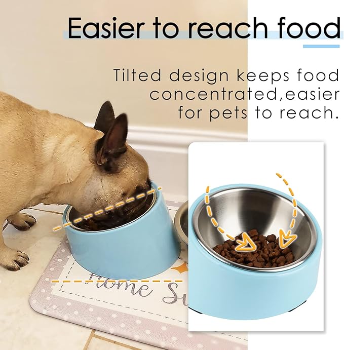 SuperDesign Mess Free 15° Slanted Bowl for Dogs and Cats, Tilted Angle Bulldog Bowl Dog Feeder, Non-Skid & Non-Spill, Easier to Reach Food L/2 Cup Blue