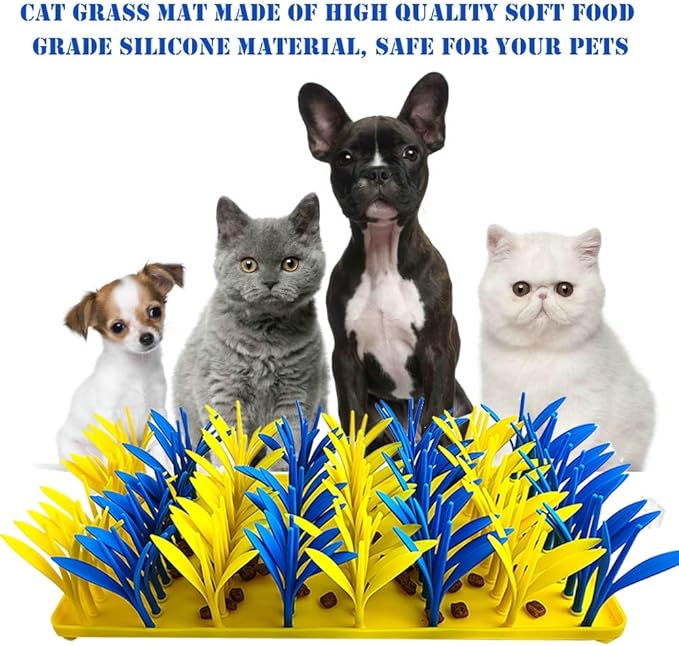 Silicone Grass Mat for Cats & Dogs, Snuffle Mat for Dogs Cats, Slow Feeder Dog Bowl, Interactive Sniff Foraging Mats for Dog Cat Pet, Nosework Training Foraging Pad- Blue & Yellow2