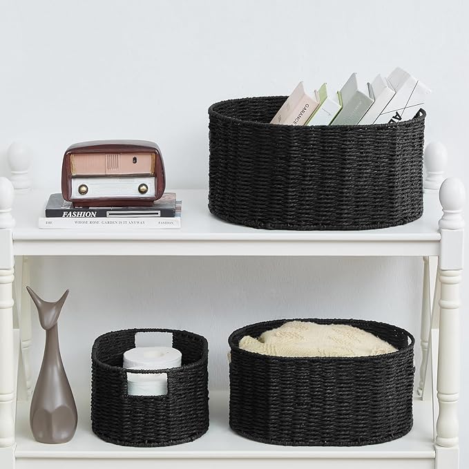 Vagusicc Wicker Basket, Set of 3 Round Storage Baskets for Organizing, Woven Paper Rope Wicker Storage Basket with Handles, Black Cube Storage Organizer Bins Baskets for Shelves & Decor, Black