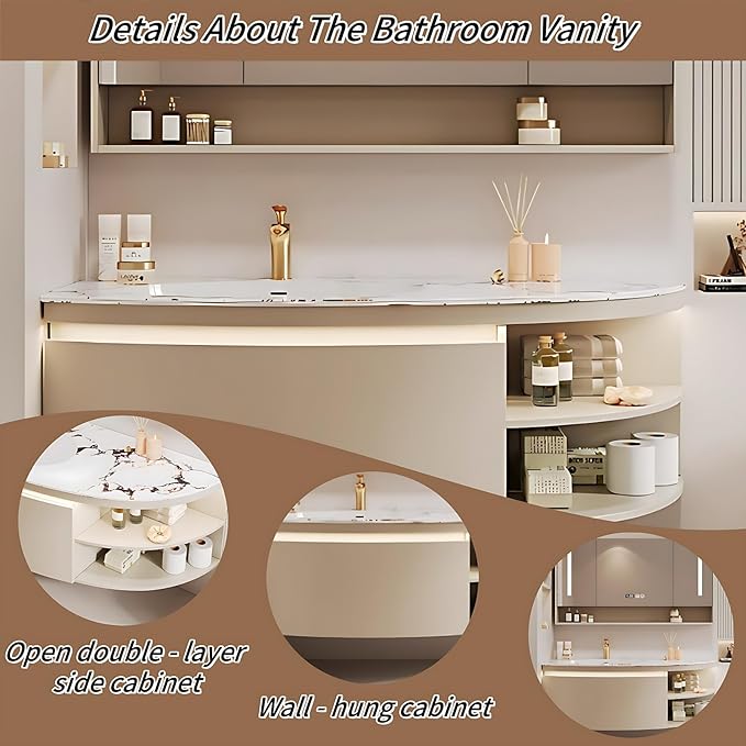 50IN Floating Bathroom Vanity, Wall Mounted Wood Sink Cabinet with Smart Sensor LED Light Strip & Open Style Side Cabinet | LED Lights & Defogging Function, Single Sink Vanities Set (Black)