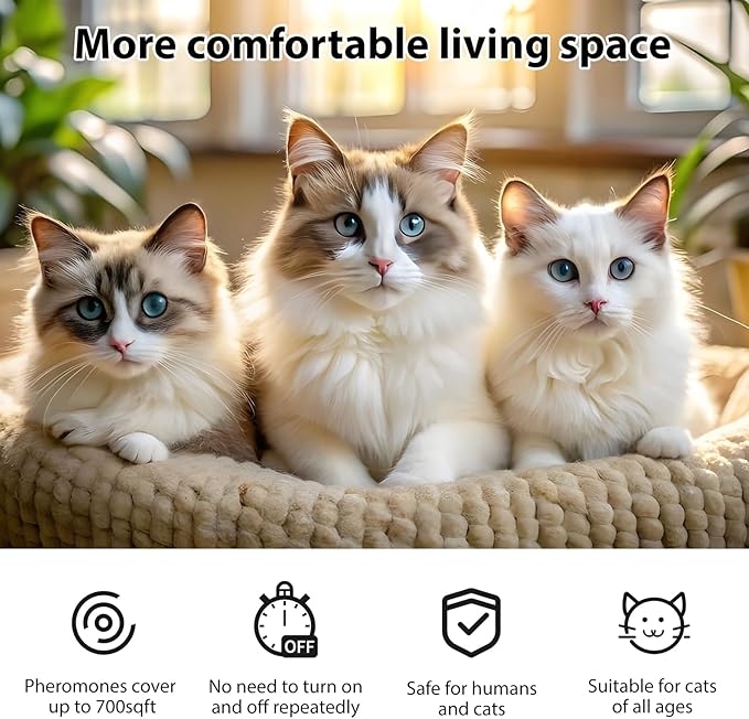 Cat Calming Diffuser Kit with Timer And Memory Adjustable 4/8/12/24H Cat Pheromone Diffuser 3-Pack (48ml Each) Helps Reduce Stress, Spraying, Fighting, Excessive Meowing & Scratching Fits All Cats