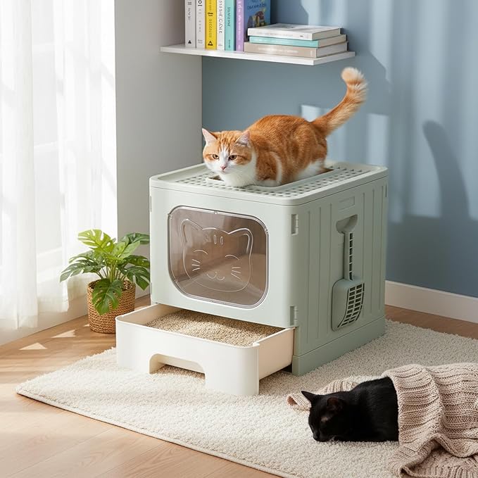 Cat Litter Box with Scoop, Large Foldable Litter Box with Lid & Drawer Tray, Front Visible Entry Top Exit Kitty Box, Odor Control, Easy to Clean