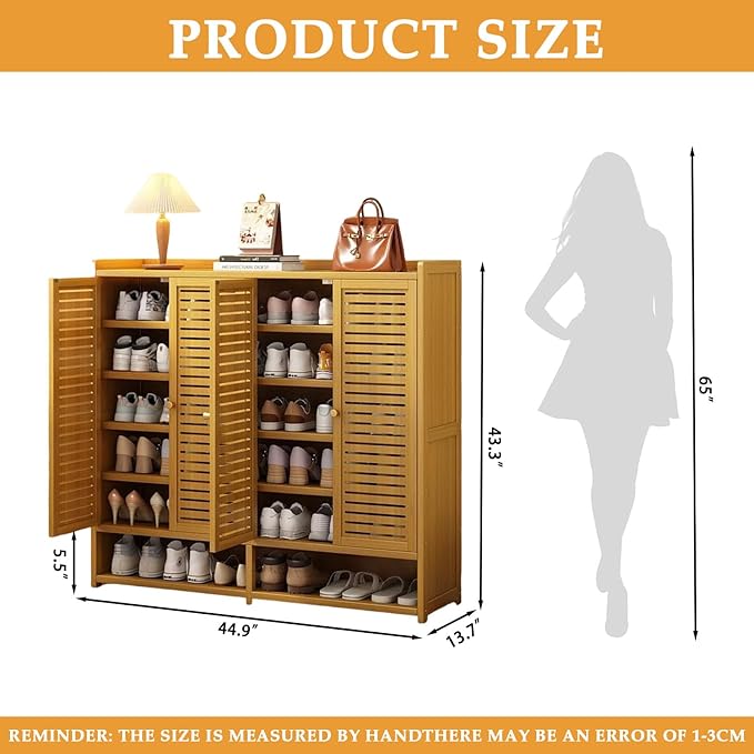 Bamboo Shoe Cabinet, 36-40 Pairs 8 Tier Shoe Rack with Doors, Freestangding Shoe Cabinet Organizer with Shelves, 43" Tall Shoe Rack Organizer for Entryway, Closet, Hallway
