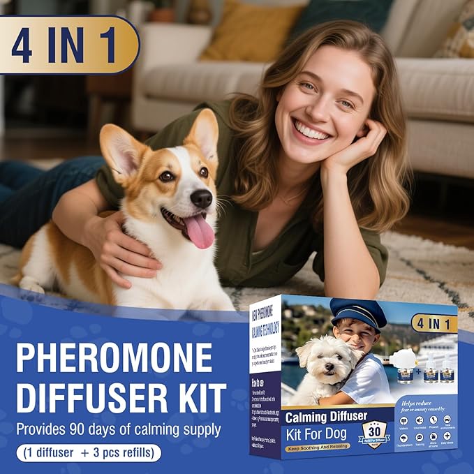 Dog Pheromone Calming Diffuser 4 In 1 Appeasing Pet Pheromones Diffuser to Calm Kit (Plug in+ 3 Pack 48ml Refill) 90 Day Supply for Anxiety Relief Reduce Barking Aggression Fighting Stress (Ocean)