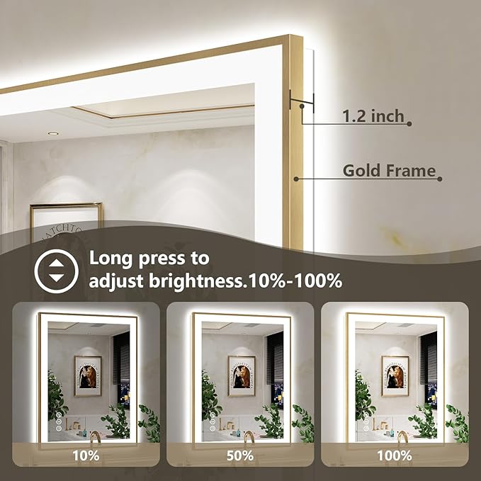 28x36 Inch LED Bathroom Mirror with Lights (Front Lit and Backlit) Gold Framed Lighted Vanity Mirror for Bathroom Wall Dimmable Anti-Fog Memory Tempered Glass Horizontal/Vertical