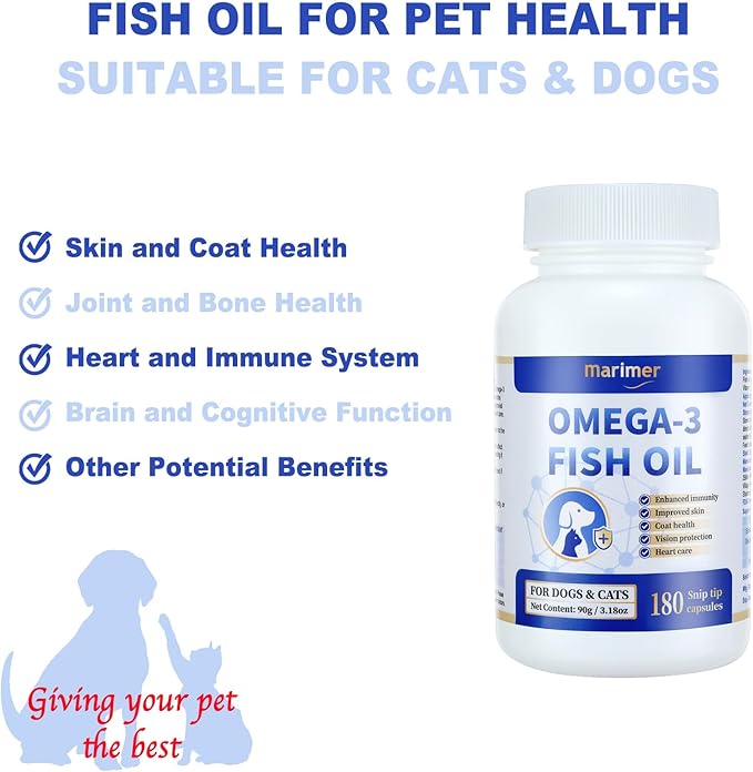 Snip Tips Omega-3 Fish Oil for Cats for Dogs – EPA & DHA with Vitamin E – Liquid Soft Gels You Can Snip & Pour – Supports Heart, Skin, Coat, Joint & Immune Health – 180 Softgels