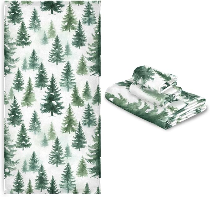 Pfrewn Christmas Winter Towels Set of 3 Woodland Rustic Forest Pine Trees Bathroom Towel Soft Absorbent Bath Hand Towels Washcloth Guest Towel Sets Xmas Holiday Decor