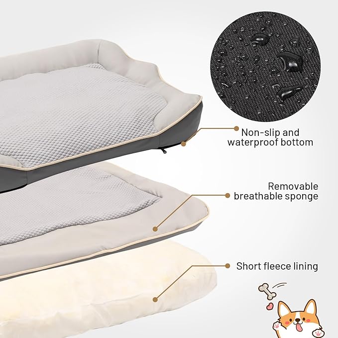 Waterproof Orthopedic Dog Bed for Large Dogs - Cooling PU Fabric, Removable Washable Cover, L-Size Pet Bed for Dogs & Crate Use