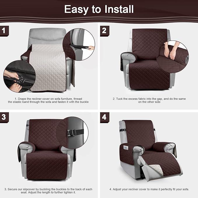 KinCam 100% Waterproof Recliner Chair Cover, Reclining Couch Covers for Pets, Dogs, Recliner Couch Slipcover Furniture Protector with Elastic Straps for Kids(23.6", Maroon)