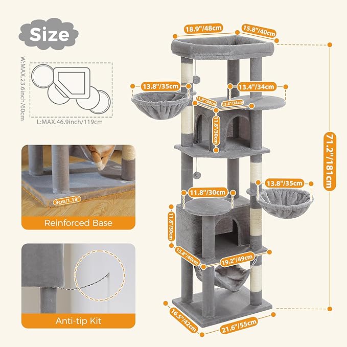 PAWZ Road Tall Cat Tower, 70 Inch Cat Tree with Hammock, 5 Scratching Posts, 2 Condos and a Large Top Perches for Large Cats