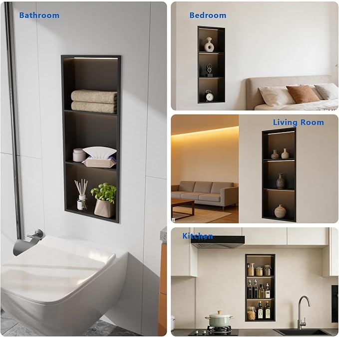 QAOYEDE 12"X30" Stainless Steel Shower Niche 3-Tier Shelf, Matte Black with Waterproof LED Light, No Tile Needed Recessed Wall Organizer for Bathroom