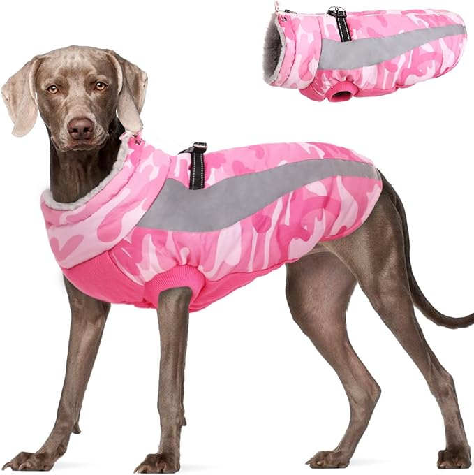 FUAMEY Dog Winter Jackets for Large Dogs,Dog Coat with Harness Built in,Waterproof Dogs Snowsuits Warm Pet Jacket Zip Up Fleece Cold Weather Coats Reflective Puppy Vest with Pocket Blue 3XL