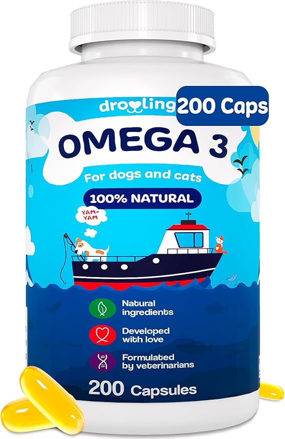 Omega 3 for Dogs and Cats 1000mg – 200 Fish Oil Fatty Acids Capsules (180mg EPA + 120mg DHA) – Supplement for Skin and Coat Itch Relief and Immune System