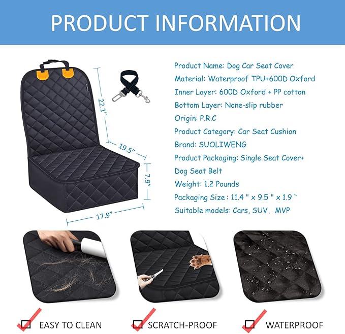 Dog Car Seat Cover for Front Seat, Scratchproof Car Seat Cover for Dogs, 100% Waterproof,with Dog Harness, Anti-Slip, Wear Resistance Fit for Cars, Trucks, SUVs, Jeeps. (Color : Black)