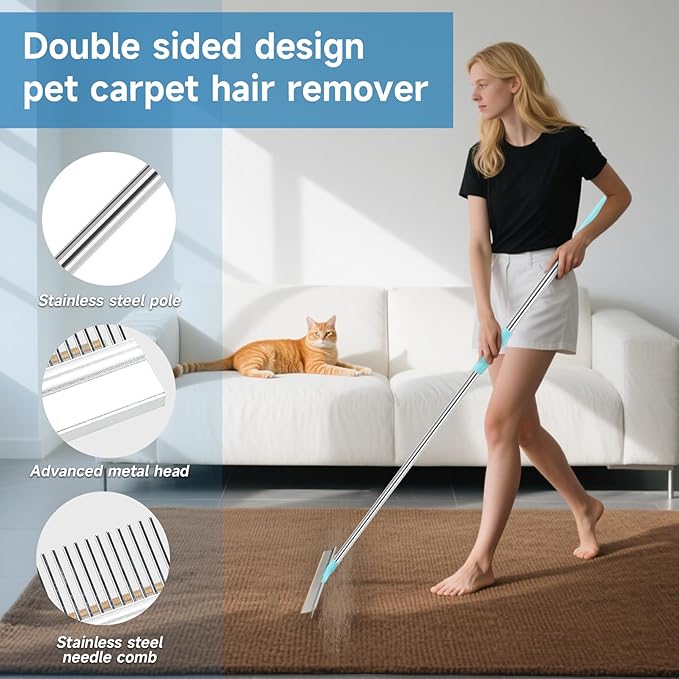 Carpet Rake for Pet Hair Removal，SAN LIKE Reusable Pet Hair Remover with Adjustable Long Handle,Carpet Scraper Rake Dog Cat Hair Remover Tool for Rugs, Mats,Couch, Furniture