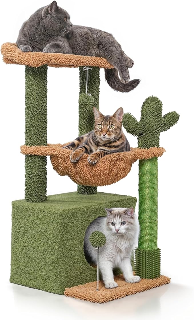 Magshion 34" Cactus Cat Tree for Indoor Cats, Multi-Level Cat Tower with Scratching Post, Condo, Top Perch, Basket, and Hanging Toys for Kittens & Small Cats, Green
